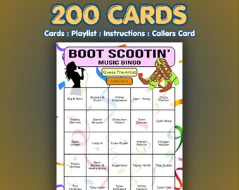 Country Music Bingo Cards – Boot Scootin Bingo | 200 Cards | Fundraiser Game | Guess the Artist |