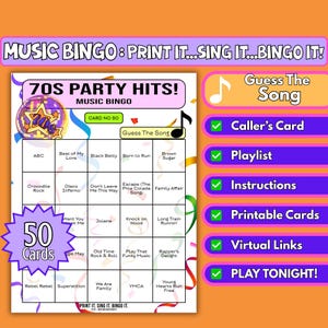 50-Card 70s Party Hits Music Bingo, 1970s Themed Party, Spotify Playlist Game | Printable Partygame | Guess the Song | Instant Download PDF