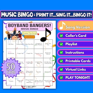 Bingo à musique Boyband Bangers, 50 cartes | Format des morceaux | Jeu imprimable | Fête d'anniversaire en classe Zoom Activité d'équipe | Téléchargement instantané