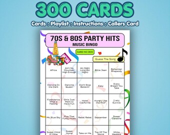 Tarjetas de Bingo Musical de los 70 y 80 – Éxitos de Fiesta de los 70 y 80 / 300 Tarjetas / Juego para Noche de Damas / Adivina la Canción /