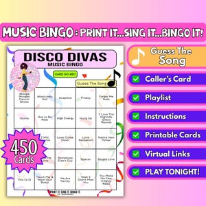 450 Card Disco Divas Music Bingo, 70s Feel-Good Throwbacks, Retro Dance Music – Remote team social | Guess the Song | Instant Download PDF