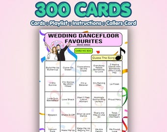 Wedding Music Bingo Cards – Dancefloor Fillers | 300 Cards | Wedding Party Game | Song Quiz Game