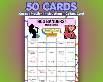 90s Music Bingo Cards – 1990s Bangers | 50 Cards | Hen Party Game | Name That Artist