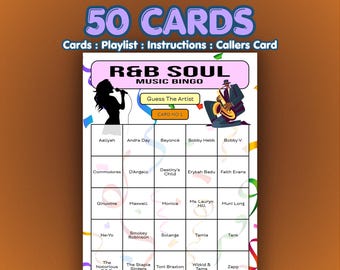 RnB Music Bingo Cards – R&B Soul | 50 Cards | Dinner Party Game | Name That Artist