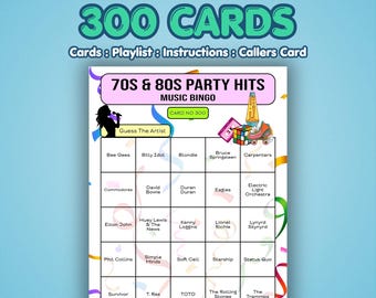 70s and 80s Music Bingo Cards – 1970s & 1980s Party Hits | 300 Cards | Bar Night Game | Name That Artist