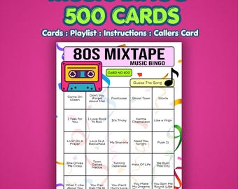 80er Jahre Musik Bingo Karten – 1980s Mixtape | 500 Karten | Team-Party-Spiel | Song Quiz Spiel