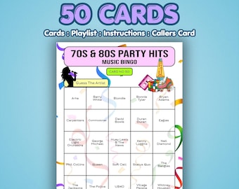 70s and 80s Music Bingo Cards – 1970s & 1980s Party Hits | 50 Cards | 50th Birthday Game | Name That Artist