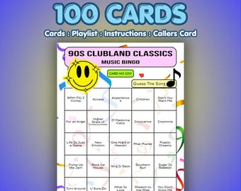 May include: A vibrant 90s Clubland Classics Music Bingo game with 100 cards. The bingo card features a smiley face, musical notes, and song titles. The text "MUSIC BINGO" and "PRINT IT. SING IT. BINGO IT." are also visible.