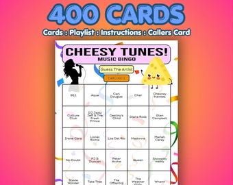 Cartes de bingo à musique Cheesy Tunes | 400 cartes | Jeu en grand groupe | Nommez cet artiste |