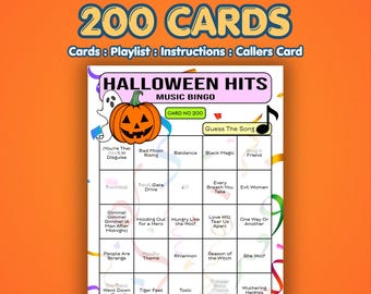 Halloween Music Bingo Cards – Halloween Hits | 200 Cards | Horror TV Themes | Song Quiz Game