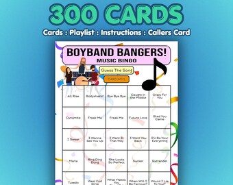 Tarjetas de bingo musical de boy bands / 300 tarjetas / Juego para eventos benéficos / Juego de preguntas sobre canciones