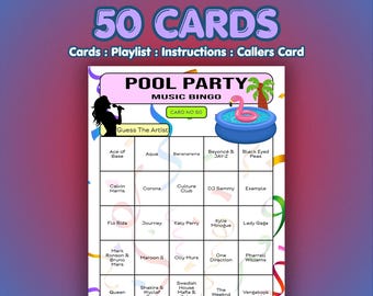 Bingo de música para fiestas en la piscina / 50 tarjetas / Juego para despedidas de soltera / Adivina la canción