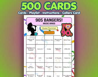 90s Music Bingo Cards – 1990s Bangers | 500 Cards | Corporate Event Game | Name That Artist