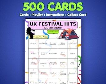 UK Festival Hits Music Bingo | 500 Cards | Festival Game | Name That Artist