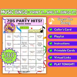 500-Card 70s Party Hits Music Bingo | Wedding weekend game, University fresher event | Guess the Song | Instant Download | Spotify Playlist