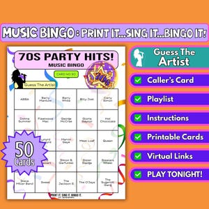 50 Card 70s Party Hits Music Bingo - Guess The Artist - 1970s Party Game