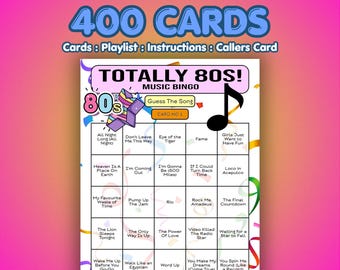 80s Music Bingo Cards – Totally 1980s | 400 Cards | Large Group Game | Name That Song |