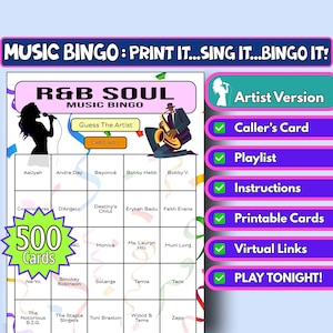 500-Card R&B Soul Music Bingo | Uess The Artist | Printable Partygame | Instant Download | Girls Night, Hen Do, Virtual Bingo | 90s 00s Soul