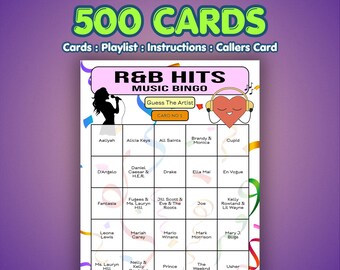 Bingo de éxitos de R&B de 500 tarjetas / Formato por artista / Imprimible para fiestas grandes, eventos virtuales, aulas o concursos de pub y recaudación de fondos / PDF