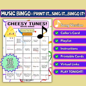 16-Karten-Cheesy Tunes Musik Bingo | Song-Format | Party Spiel zum Ausdrucken | Sofortdownload | Junggesellinnenabschied, Zoom-Spiel, Mädelsabend | Pop Hymnen