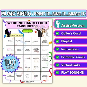 Bingo musical de 100 cartas con los favoritos de la pista de baile para bodas / Juego imprimible para bodas en graneros, rústicos y salones comunitarios / Descarga instantánea / Formato artista
