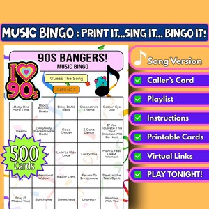 500-card 90s Bangers music bingo | Guess The Song | Printable 1990s party game | Instant download youth camp game & community party game