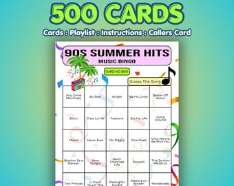 90s Music Bingo Cards – 1990s Summer Hits | 500 Cards | Large Group Game | Song Quiz Game