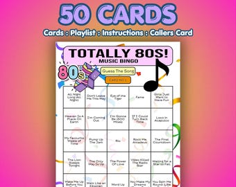 Bingo musical de los 80 con 50 tarjetas / Formato de canción / Juego imprimible / Descarga instantánea / Despedida de soltera, Juego de Zoom, Noche de chicas / Éxitos pop de los 80