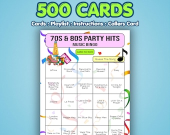 Tarjetas de Bingo Musical de los 70 y 80 – Éxitos de Fiesta de los 70 y 80 / 500 Tarjetas / Juego Work Do / Adivina la Canción /