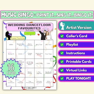 Bingo musical de 16 cartas con los favoritos de la pista de baile para bodas / Juego imprimible para microbodas y fiestas familiares / Descarga instantánea / Formato artista