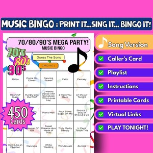 450 cartelas de bingo com música para festa dos anos 70/80/90 | Jogo de festa para imprimir | Jogo de festa para família | Download instantâneo | Jogo de bingo virtual | Décadas