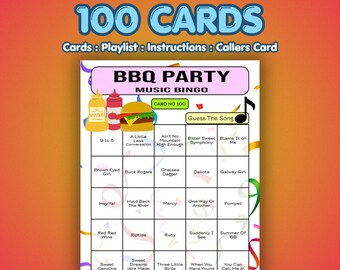 BBQ Party Music Bingo Cards | 100 Cards | Girls Night Game | Guess the Song |