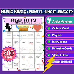 200 Card R&B Hits Music Bingo. Guess The Artist. 90s RnB Music perfect for Corporate Events, Fundraisers or Youth Clubs | Instant Download