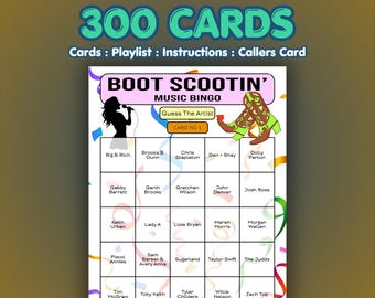 Country Musik Bingo Karten - Boot Scootin Bingo | 300 Karten | Gemeinschafts-Partyspiel | Name dieses Künstlers |