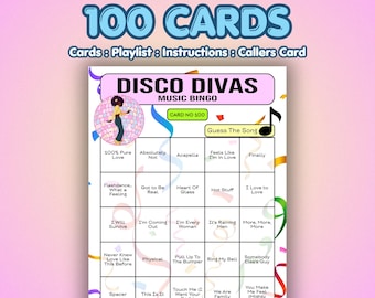 Disco Music Bingo Cards – Disco Divas | 100 Cards | Girls Night Game | Song Quiz Game |