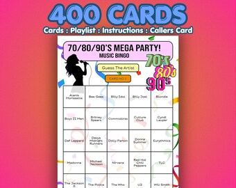70s 80s 90s Music Bingo Cards – Decades Mega Party | 400 Cards | Fundraiser Bingo | Guess the Artist |