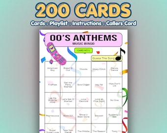 2000s Musik Bingo Karten – Hymnen | 200 Karten | Spenden Spiel | Raten Sie das Lied