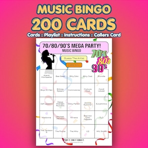 Może przedstawiać: Kolorowa gra w bingo muzyczne z tekstem "MUSIC BINGO 200 CARDS". Gra ma motyw z lat 70., 80. i 90. z nazwami artyst&oacute;w, takimi jak Madonna i Nirvana. Zawiera sekcję "Zgadnij artystę" i sekcję "Karta nr 1".