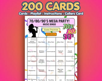 Tarjetas de Bingo Musical de los 70, 80 y 90 – Mega Fiesta de las Décadas / 200 Tarjetas / Juego de Fiesta Comunitaria / Juego de Trivia Musical /