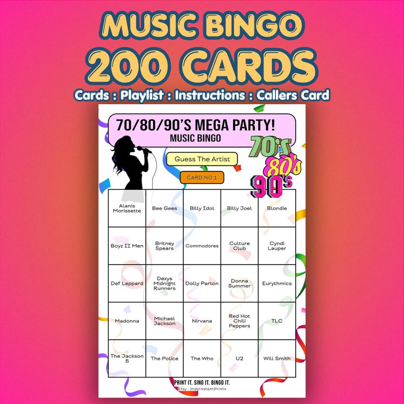 Może przedstawiać: Kolorowa gra w bingo muzyczne z tekstem "MUSIC BINGO 200 CARDS". Gra ma motyw z lat 70., 80. i 90. z nazwami artyst&oacute;w, takimi jak Madonna i Nirvana. Zawiera sekcję "Zgadnij artystę" i sekcję "Karta nr 1".