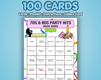 70er und 80er Jahre Musik Bingo Karten – Party Hits der 1970er & 1980er Jahre | 100 Karten | 40er Geburtstag Spiel | Raten Sie den Künstler |