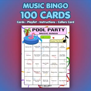 May include: A Music Bingo game card with the text "POOL PARTY MUSIC BINGO" and "100 CARDS." The card features a pool graphic with a flamingo floatie. Song titles are listed in the grid, including "Barbie Girl" and "Levitating."