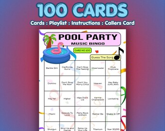 Tarjetas de bingo musical para fiestas en la piscina / 100 tarjetas / Bingo para complejos turísticos / Juego de preguntas y respuestas musicales /