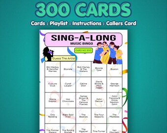 Tarjetas de bingo musical para cantar / 300 tarjetas / Juego de preguntas y respuestas / Adivina el artista /