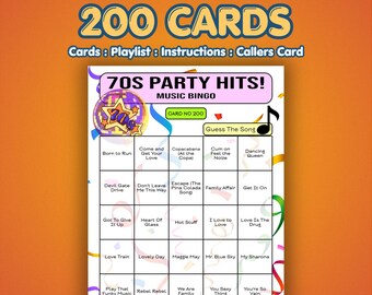 70s Music Bingo Cards – 1970s Party Hits | 200 Cards | Retro Night Game | Song Quiz Game | Spotify Playlist Included