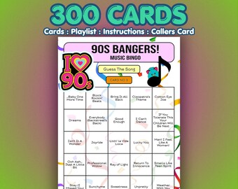 90s Music Bingo Cards – 1990s Bangers | 300 Cards | Office Party Game | Guess the Song