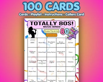 80s Music Bingo Cards – Totally 1980s | 100 Cards | House Party Game | Guess the Artist |