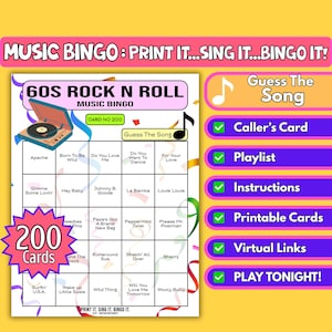 200 Card 60s Rock & Roll, 1960s Playlist Music Bingo – Digital Party Bingo | Guess the Song | Spotify Playlist + Instant Download Partygame