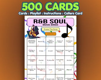 RnB Music Bingo Cards – R&B Soul | 500 Cards | Bar Night Game | Song Quiz Game