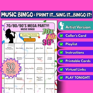 30 cartelas de bingo com música para festa dos anos 70/80/90 | Formato do artista | Jogo de festa para impressão em família | Download instantâneo | Jogo de bingo virtual | Década
